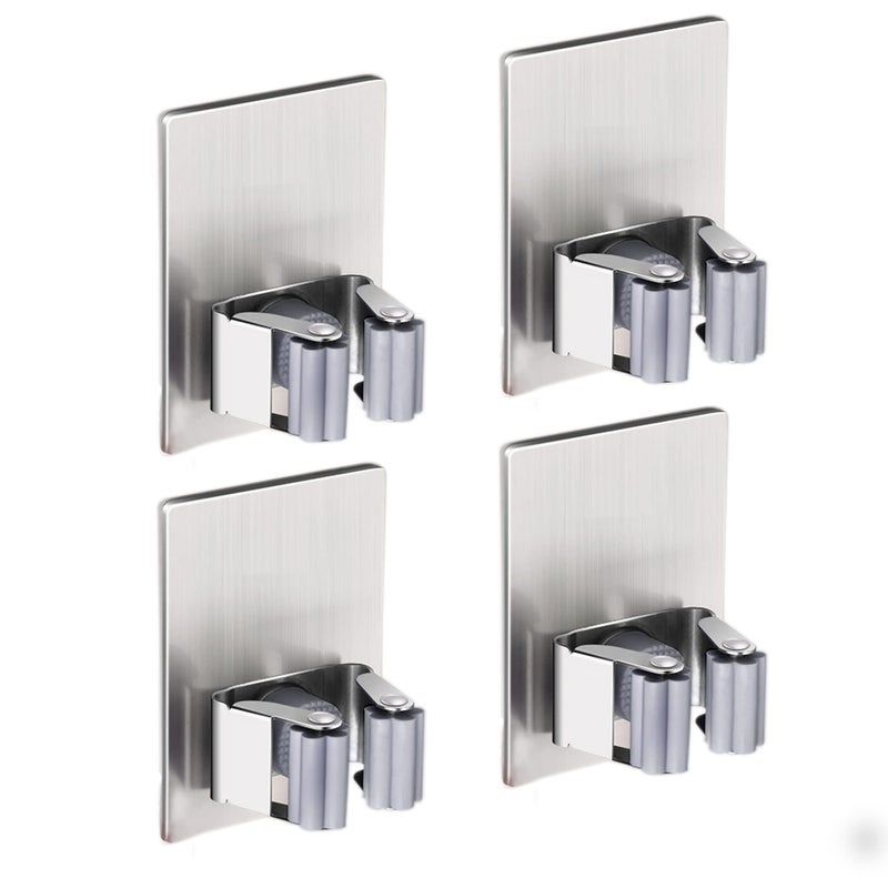 HANZE 4 Pack Stainless Steel Mop Broom Holder Organizer Self Adhesive Wall Mounted Mop Organizer Storage Rack Clip for Kitchen Bathroom and Garage Rectangle Large